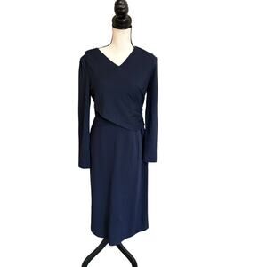Lafayette 148 New York Navy Midi Dress Womens Size 4 Wrap Bodice Classic